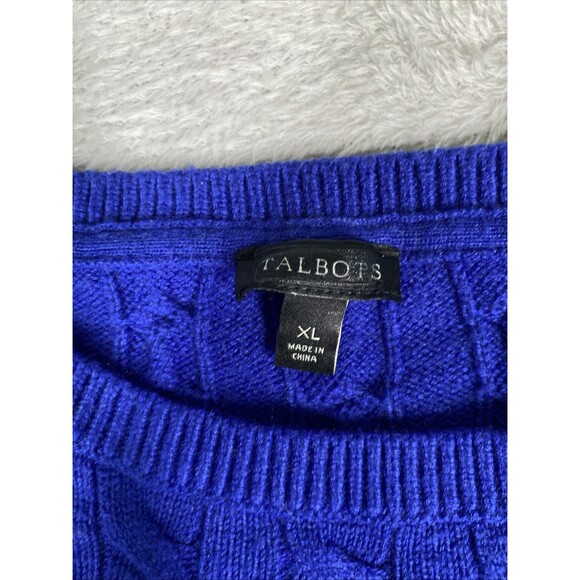 Talbots Cable Knit Sweater Women's XL Lambs Wool Royal Blue Fisherman Crewneck - Picture 2 of 8